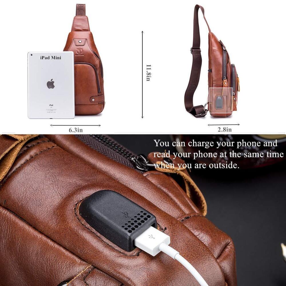 Genuine Leather Crossbody Bag Men iPad Mini Sling - Picture 4 of 6